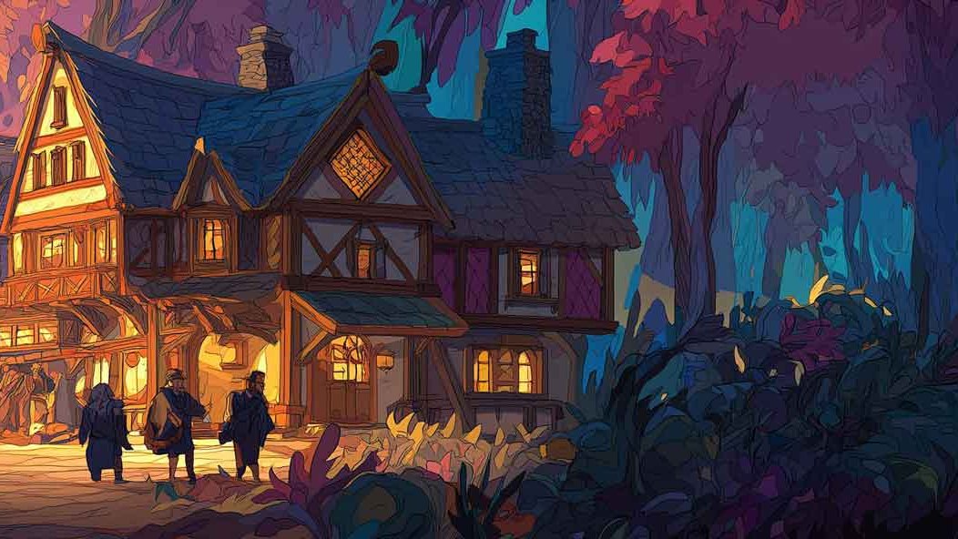 A timber-framed inn glowing at dusk at the edge of a violet forest, travelers walking the lit path toward its door.